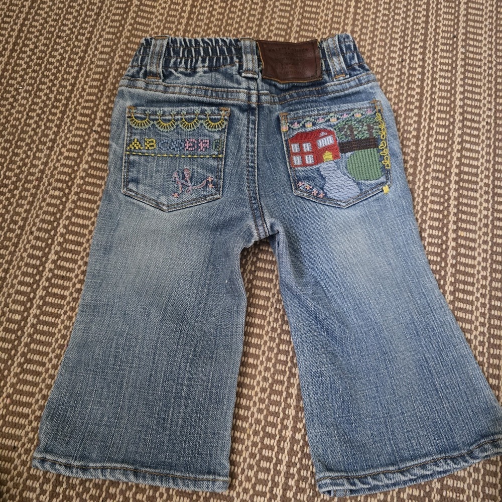 VTG Ralph Lauren Baby Jeans 9 MTS Embroidered House Scene India Y2K Boho Cottage